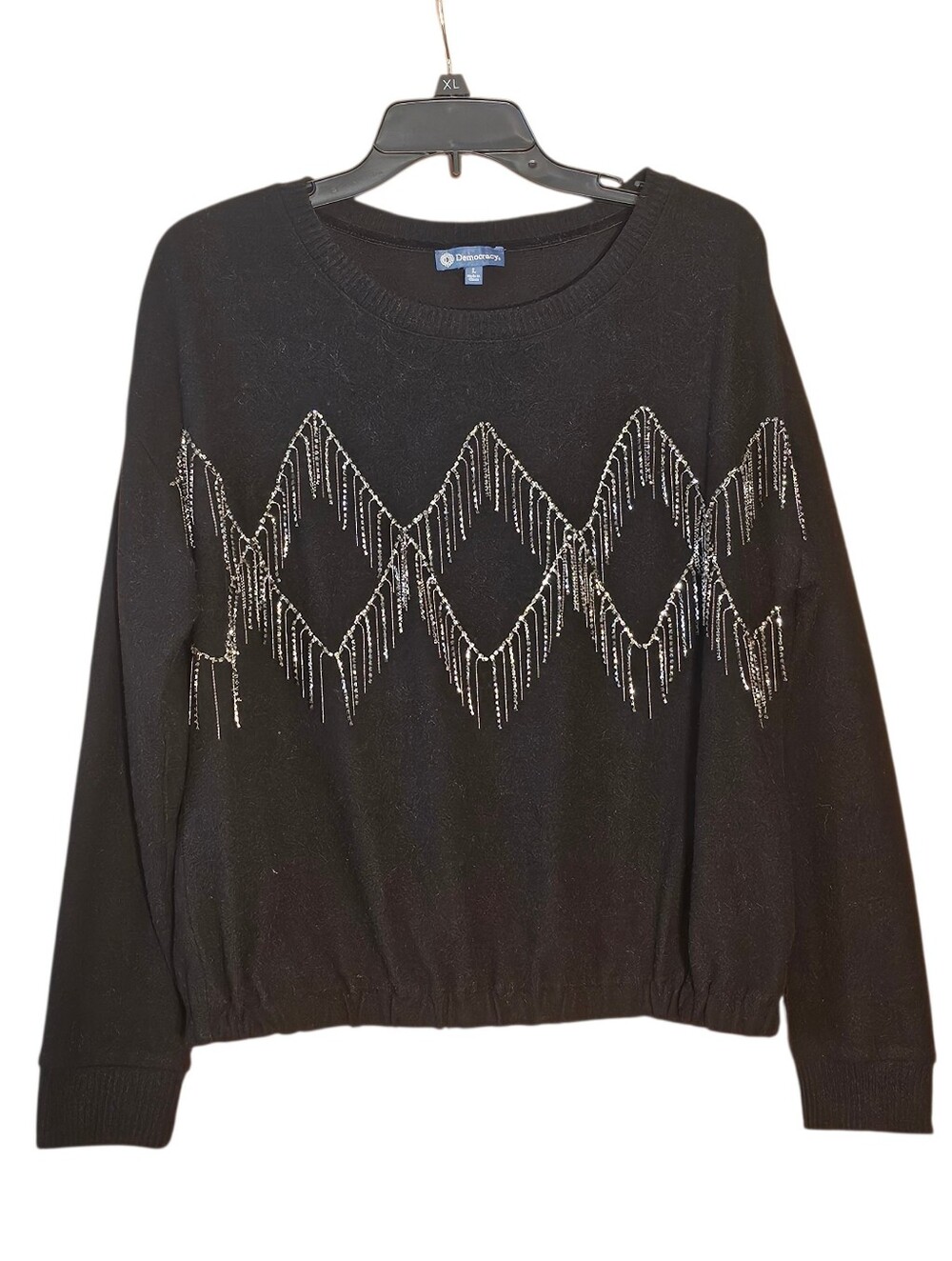 Democracy Embellished Fringe Sweater Women’s Large Black Beaded Detail